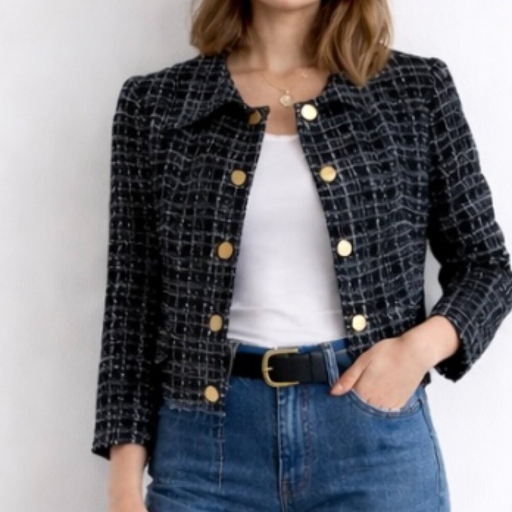 Zara cropped blazer black /white plaid button lined Women's size MED NWT